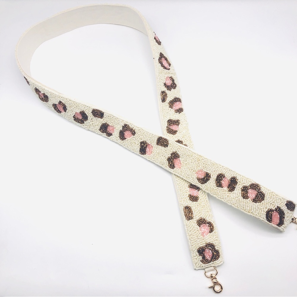 Handmade Ivory and Pink Animal Print Beaded Guitar Bag Strap